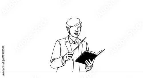 Teacher Lecturing with Red Book in Classroom, Line Art Illustration: A continuous line drawing of an educator teaching with pointer, modern educational presentation, minimalist vector art for websites