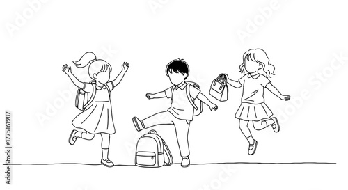 Excited Children Returning to School, Jumping and Kicking with Backpacks in Elementary Schoolyard, Depicting Happiness and Anticipation of Learning in Education Setting,  Cartoon Illustration Style fo