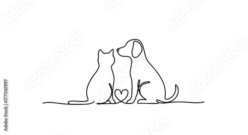 Minimalist Line Art: Cat and Dog Friendship Illustration on White Background for Pet-Related Designs and Veterinary Projects, Emblem Design, Animal Companionship, Modern Graphic, Veterinary Care, Affe