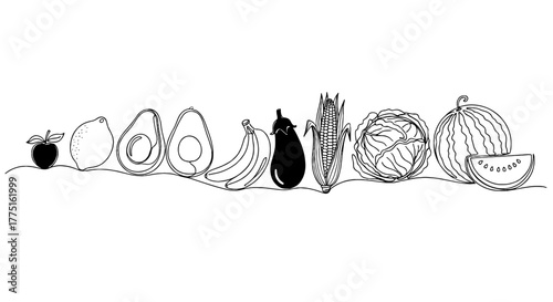 Minimalist Fresh Produce Lineup: Appetizing Fruits and Vegetables in Elegant Continuous Outline, Ideal for Nutrition Marketing and Healthy Lifestyle Promotion, Modern Line Art Style on Cream Backdrop,
