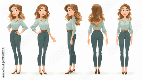 Illustration of a woman in various poses wearing a shirt and jeans with brown hair and heels