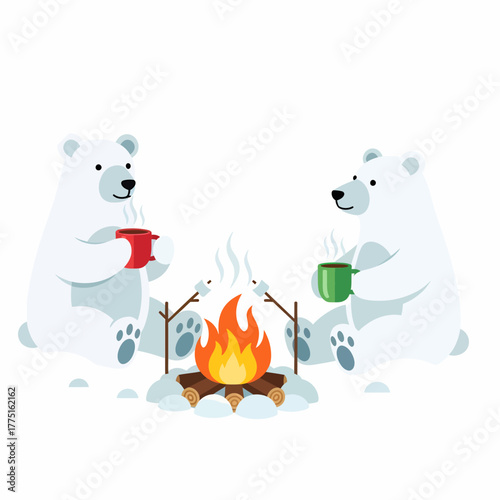 Flat vector adorable polar bears enjoying campfire with marshmallows and cocoa