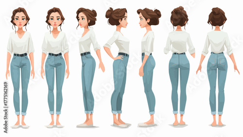 Cartoon character poses showing a woman in jeans and a white shirt from different angles and perspectives