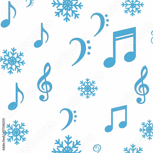 Seamless pattern of music notes and snowflakes in light blue tones