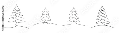 Four stylized fir trees in a row sketch line art simple forest nature element isolated on white