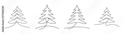 Four stylized fir trees outline hand drawn artistic line art design elements