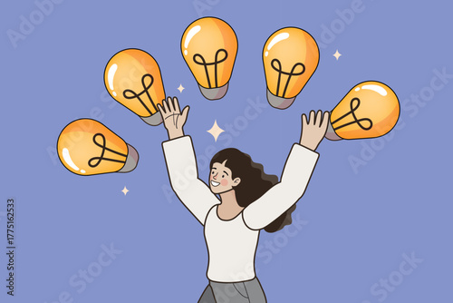 WeA happy woman juggles five glowing lightbulbs, celebrating an abundance of new ideas. This outline scene symbolizes creativity, brainstorming, and disruptive innovation.