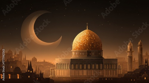 Islamic greeting featuring a mosque dome moon star and sunset symbolizing Ramadan Miraj and Hajj