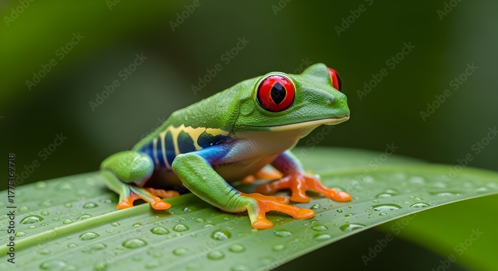 Obraz premium A vivid red-eyed tree frog perches on a dewy green leaf, its striking colors and serene jungle backdrop celebrate nature’s bold beauty and rainforest charm.