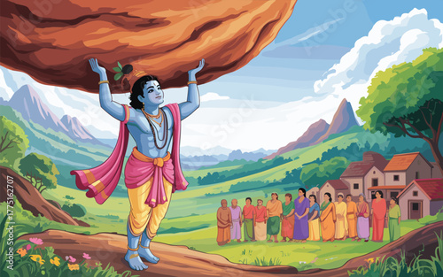 Blue skinned deity holding large rock over villagers