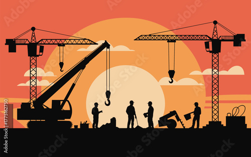 Construction site with cranes and workers at sunset