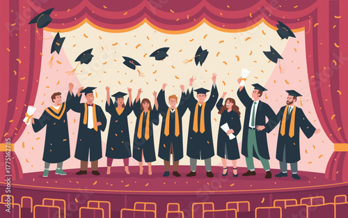 Diverse graduates celebrate on stage throwing caps and confetti