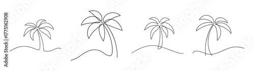Four distinct palm tree sketches showcasing tropical foliage and unique tree trunk designs for creative projects