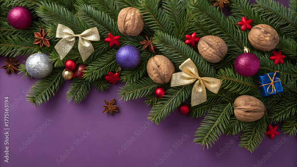 Fototapeta premium Christmas decoration with lights on purpe background