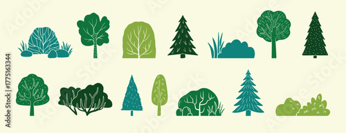 Scandinavian green boho forest silhouette isolated elements set. Color collection different forest plants. trees, bushes, grass, logs, leaves