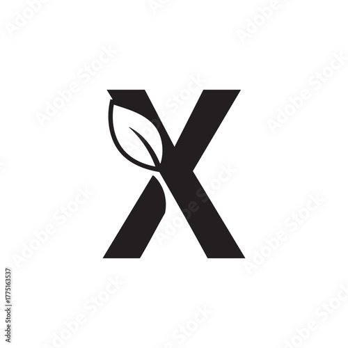 Black letter x with leaf white symbol