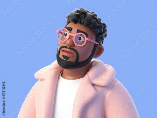 3D cartoon portrait of a stylish young man wearing a pink jacket and round glasses