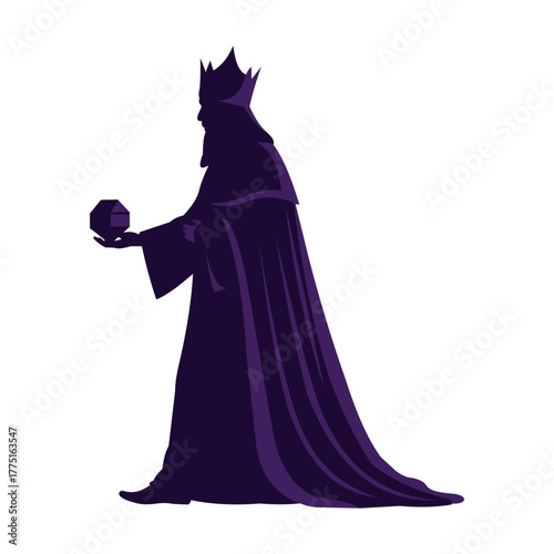 Silhouette of a king in a purple robe holding a sphere