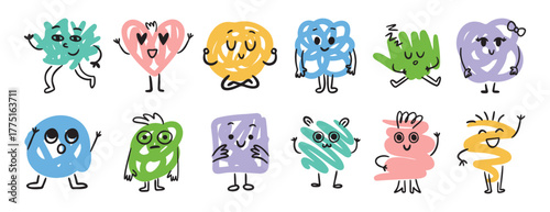 Abstract funny scribble characters different emotions and faces. Cute doodle hand drawn characters set.