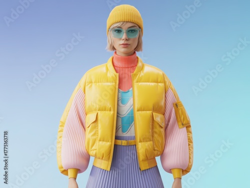 3D stylized character portrait of a woman wearing a yellow puffer jacket and beanie