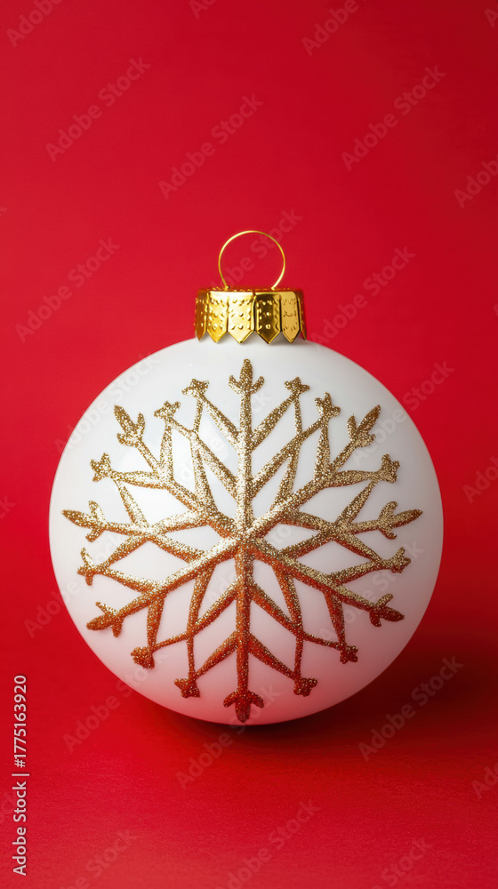 Fototapeta premium White christmas ornament with gold snowflake design festive decoration on red background joyful holiday atmosphere