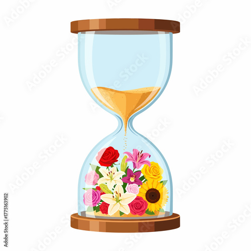 Illustration hourglass filled fresh blooming flowers beautiful time concept delicate