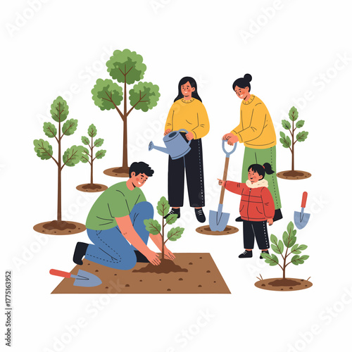 Flat vector family planting trees environmental conservation reforestation project initiative