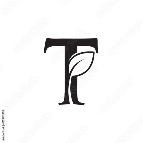 Black letter t with leaf alphabet typography