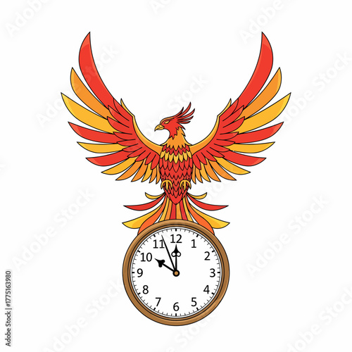 Illustration phoenix holding clock displaying time concept of rebirth future