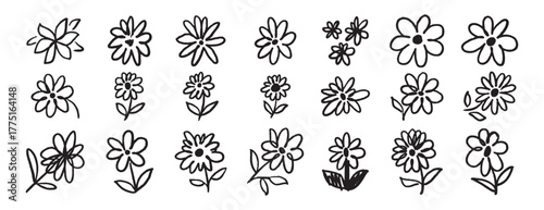 brush flowers daisies or camomile doodle hand drawn icon set. Outline drawing flower line clipart symbol collection