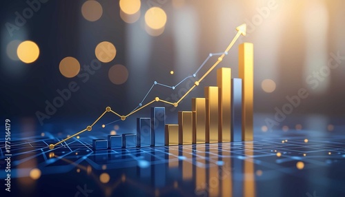 Growth and success are visualized in this dynamic financial image, featuring a golden bar chart and line graph rising upward