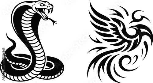 Black and White Cobra Snake Ready to Strike, Abstract Winged Figure