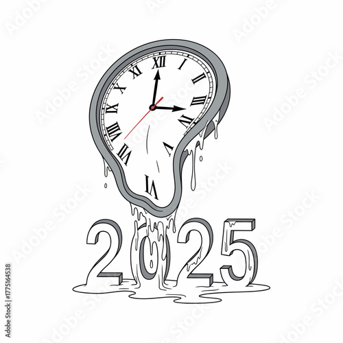 Melting clock surreal concept new year two thousand twenty five vector