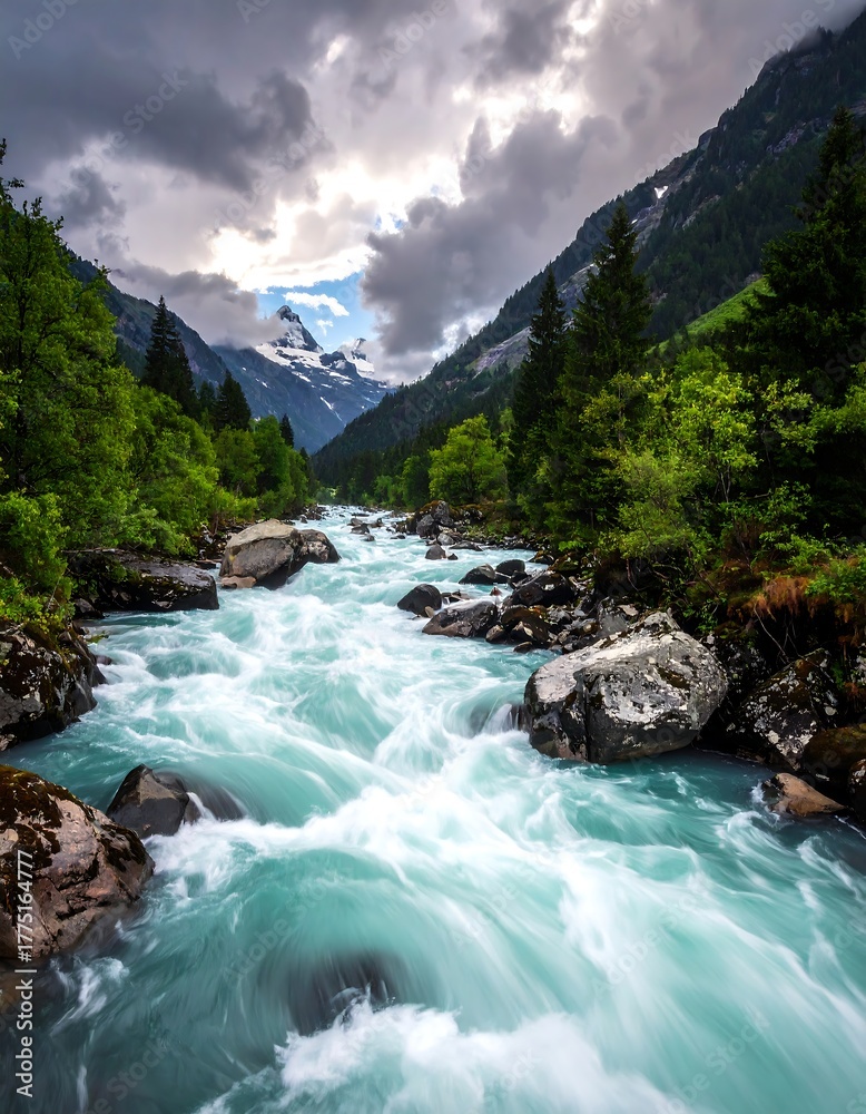 Fototapeta premium Scenic mountain river flowing through a lush green valley under a cloudy sky