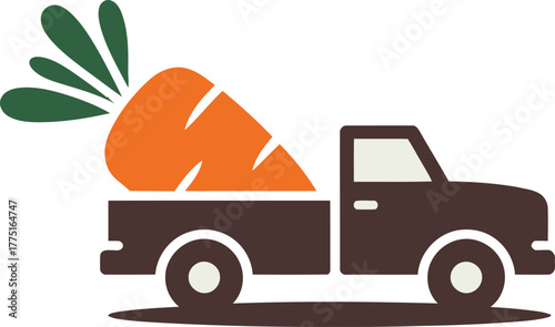 Cartoon Truck Carrying a Giant Orange Carrot with Green Top on White Background Illustration