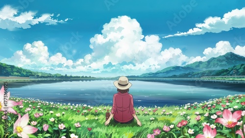 Anime style illustration of a young girl wearing a hat looking at a vast lake and large white clouds