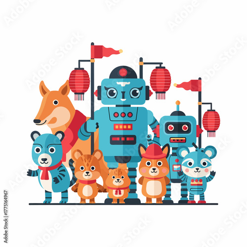 Flat vector cute animal robot parade with festive lanterns celebration