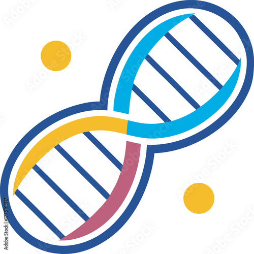 Blue and yellow abstract D N A helix with pink stripe and two yellow circles metaphase science