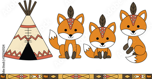Cute Cartoon Fox Cubs with Feathers, Native American Tent, and Decorative Border Art
