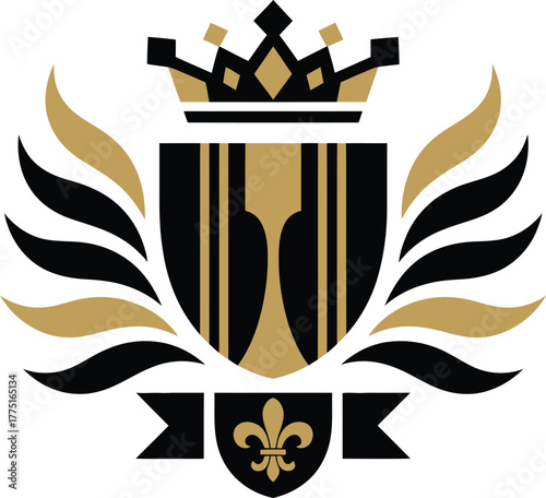 Decorative Black and Gold Emblem Design Featuring a Shield, Crown, FleurdeLis, and Wings