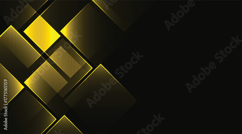 Abstract black background showcases luminous golden squares arranged in a dynamic, geometric pattern, creating a sophisticated and modern design with a touch of elegance