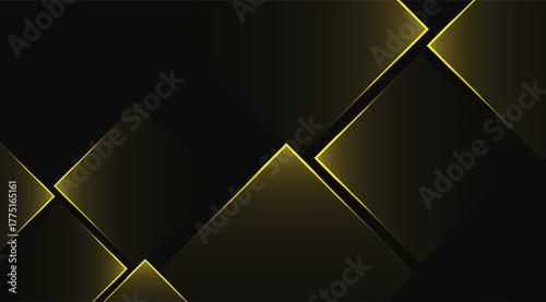A sophisticated abstract background features overlapping dark squares highlighted with luminous gold lines, creating a modern and elegant geometric design with depth and shadow