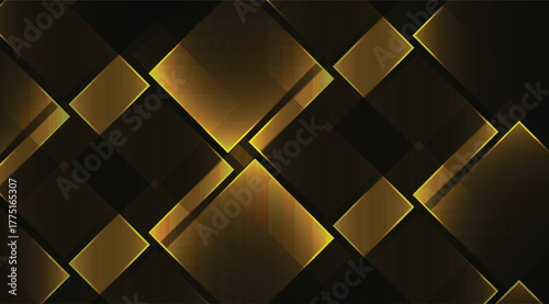 This striking image showcases a dynamic arrangement of golden and brown translucent squares with luminous edges set against a dark background creating a geometric, modern art design