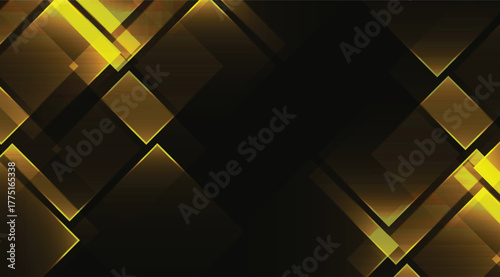 Gleaming golden squares illuminate a sleek black backdrop, creating a modern and sophisticated geometric pattern with a subtle, dynamic interplay of light and shadow