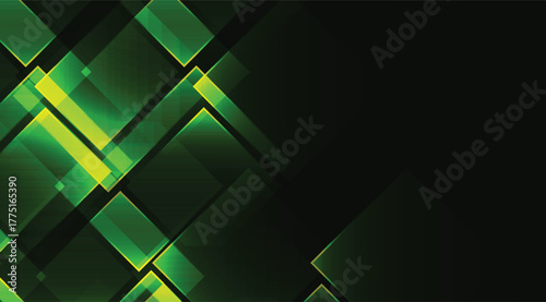 An abstract background features overlapping translucent squares and rectangles in shades of green and yellow against a dark backdrop, creating a modern and geometric design
