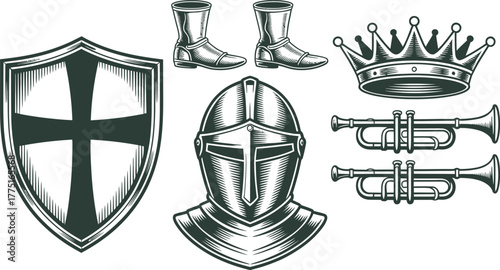Knight's Armor Set Shield, Helmet, Boots, Crown, and Trumpets Illustration