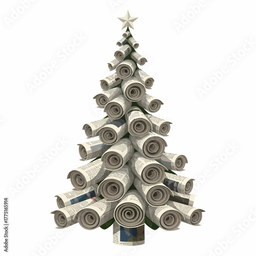 3D illustration quirky Christmas tree crafted from rolled newspapers festive alternative