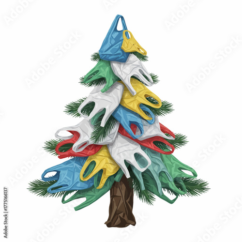 Illustration plastic bag Christmas tree environmental pollution symbol concept