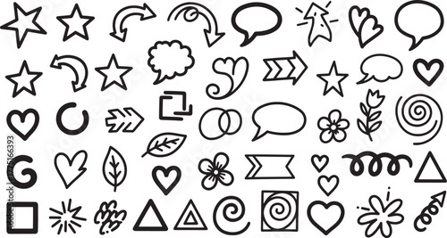 A collection of hand-drawn, doodle elements in black ink on a white background.