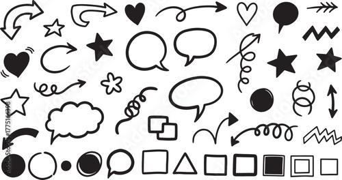 A collection of hand-drawn, doodle elements in black ink on a white background.